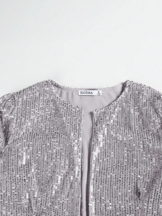 Sparkling & Elegant Ladies' Open Front Jacket With Shiny Glitter Details