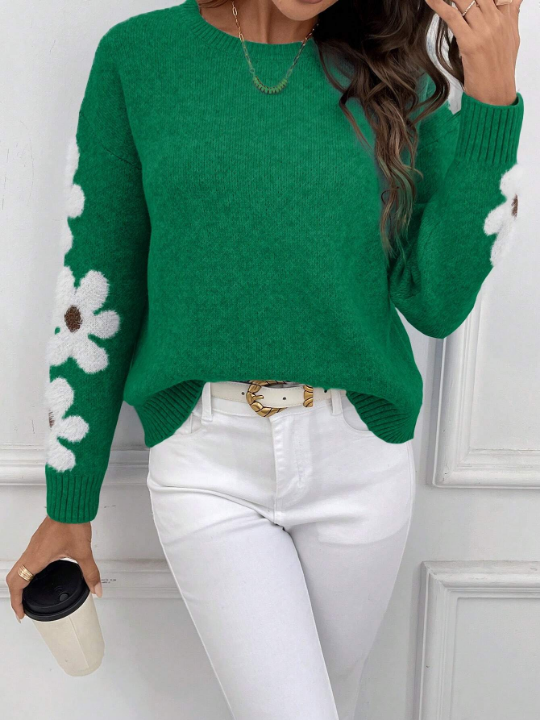 Essnce Floral Pattern Long Sleeve Casual Sweater