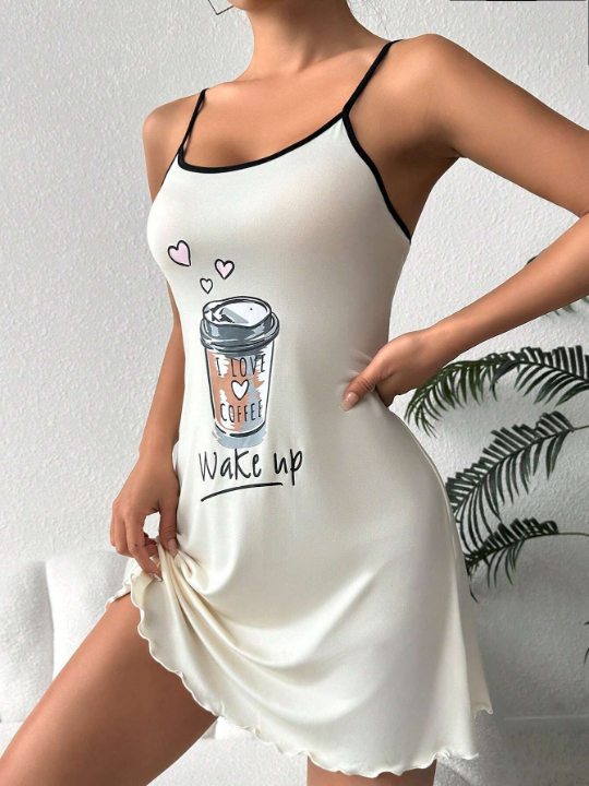 Letter & Coffee Graphic Lettuce Trim Cami Nightdress