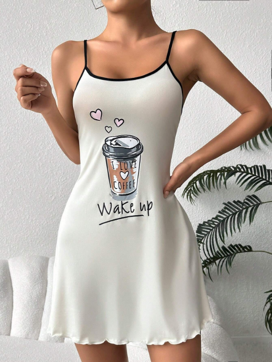 Letter & Coffee Graphic Lettuce Trim Cami Nightdress