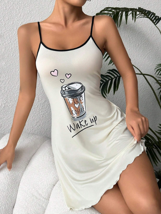 Letter & Coffee Graphic Lettuce Trim Cami Nightdress