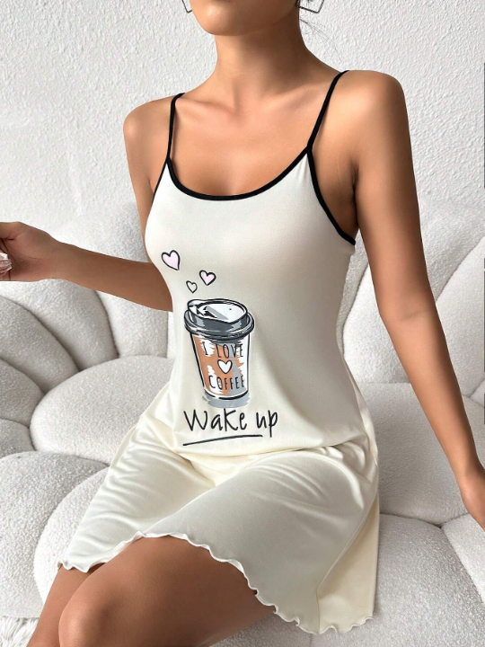 Letter & Coffee Graphic Lettuce Trim Cami Nightdress