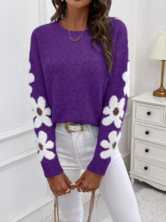 Essnce Floral Pattern Long Sleeve Casual Sweater