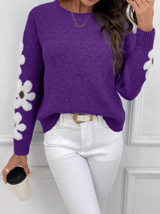 Essnce Floral Pattern Long Sleeve Casual Sweater