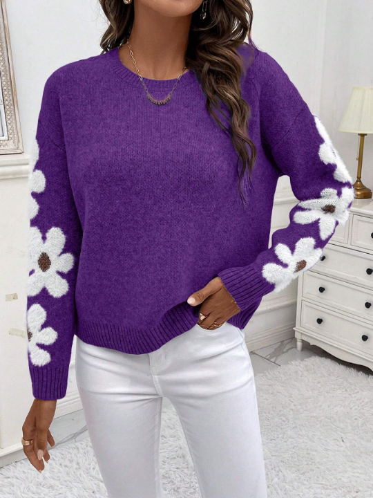 Essnce Floral Pattern Long Sleeve Casual Sweater