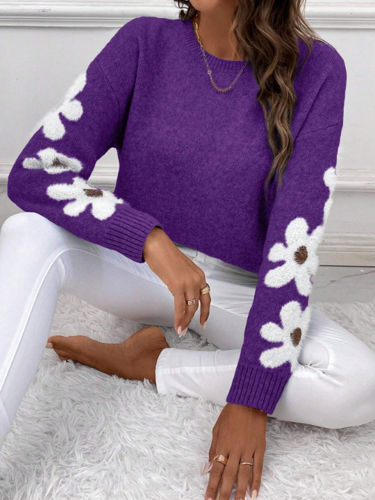 Essnce Floral Pattern Long Sleeve Casual Sweater