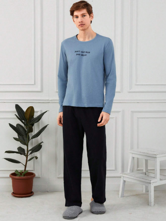 Cottnline Men'S Letter Printed Long Sleeve T-Shirt And Pants Homewear Set