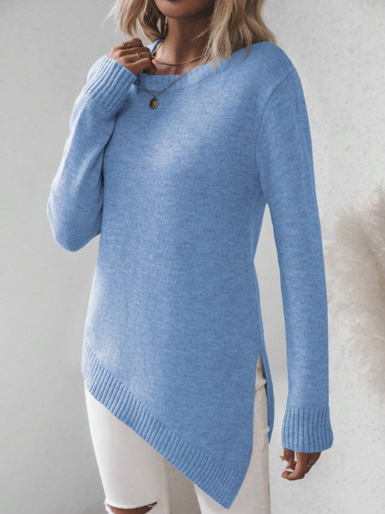 Frenchy Long Sleeve Asymmetrical Hem Pullover Sweater