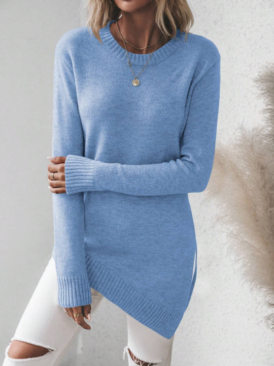 Frenchy Long Sleeve Asymmetrical Hem Pullover Sweater