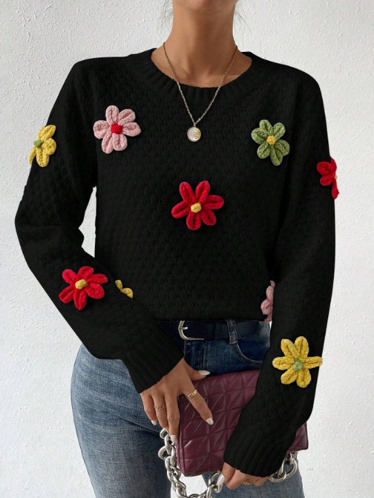 Essnce Women's 3d Flower Decorated Sweater