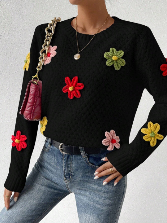 Essnce Women's 3d Flower Decorated Sweater