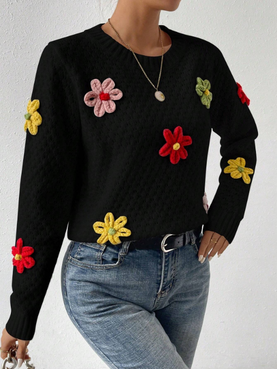 Essnce Women's 3d Flower Decorated Sweater