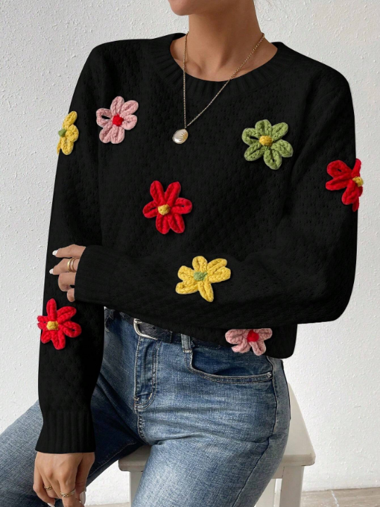 Essnce Women's 3d Flower Decorated Sweater