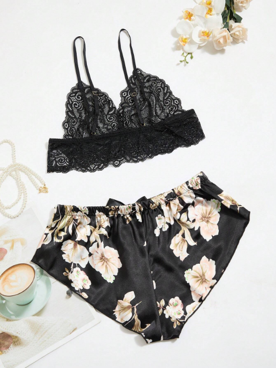 Classic Sexy Floral Lace Bralette With Floral Print Shorts
