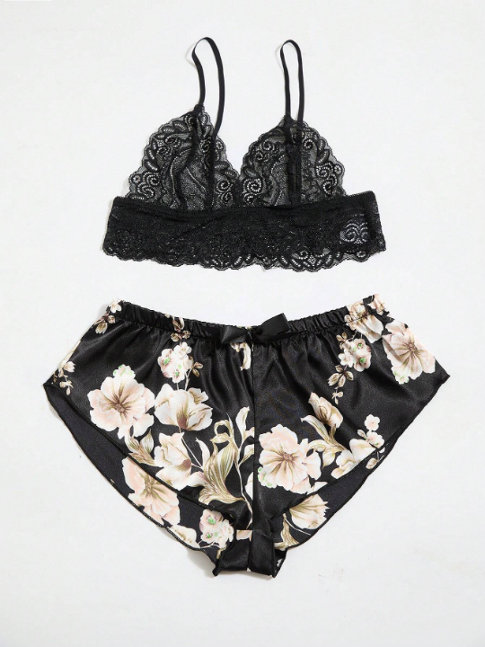 Classic Sexy Floral Lace Bralette With Floral Print Shorts