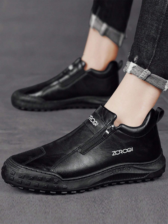 Men's Casual Outdoor Sneakers Fashionable Low-Cut Zipper Short Boots Anti-Slip Waterproof Leather Shoes For Youth, Daily Classic Moccasin Top Slip On Style