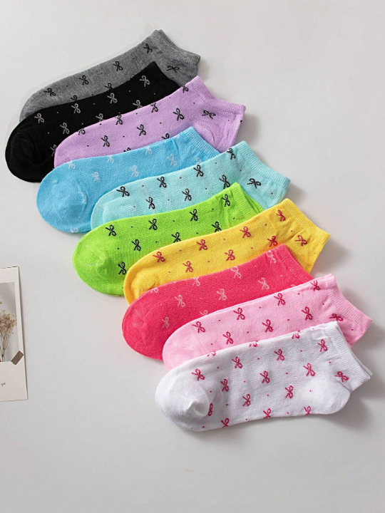 10pairs Women's Candy Colored Patterned Socks With Bowknot Decoration Soft & Comfortable Casual Ankle Socks, Suitable For Daily Life, Colors Are Randomly Sent
