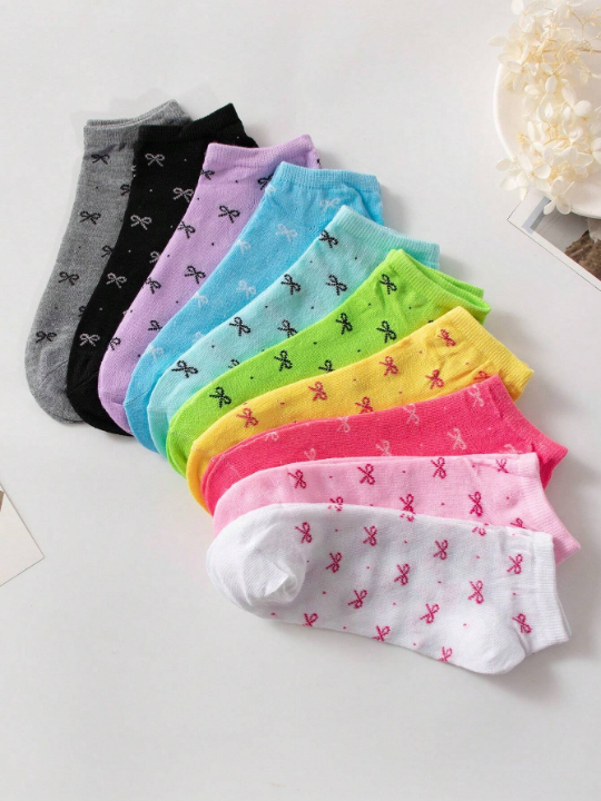 10pairs Women's Candy Colored Patterned Socks With Bowknot Decoration Soft & Comfortable Casual Ankle Socks, Suitable For Daily Life, Colors Are Randomly Sent
