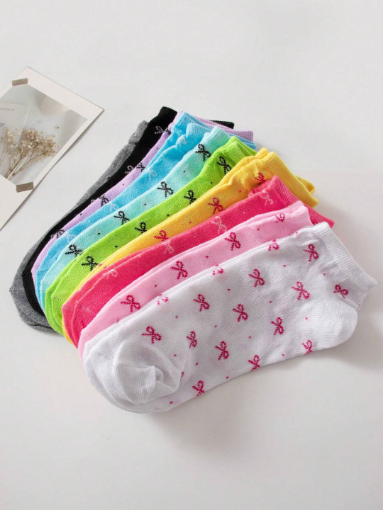 10pairs Women's Candy Colored Patterned Socks With Bowknot Decoration Soft & Comfortable Casual Ankle Socks, Suitable For Daily Life, Colors Are Randomly Sent