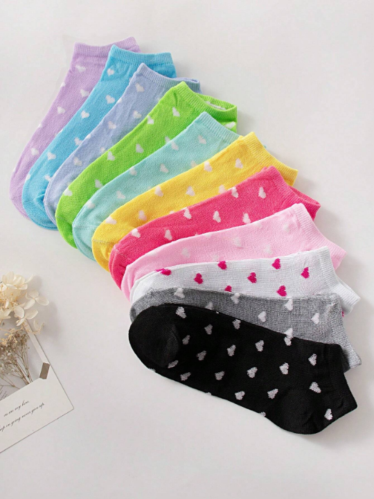 10 Pairs Women's Candy-Colored Patterned Heart Shaped Soft And Comfortable Casual Socks For Ankle, Suitable For Daily Wear, Random Color Delivery
