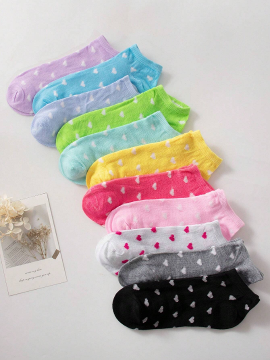 10 Pairs Women's Candy-Colored Patterned Heart Shaped Soft And Comfortable Casual Socks For Ankle, Suitable For Daily Wear, Random Color Delivery