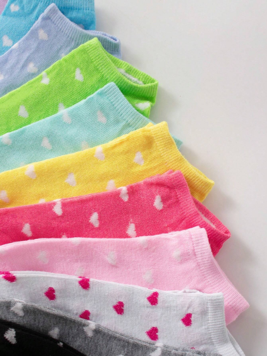 10 Pairs Women's Candy-Colored Patterned Heart Shaped Soft And Comfortable Casual Socks For Ankle, Suitable For Daily Wear, Random Color Delivery