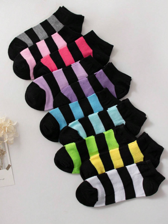 10pairs/Pack Women's Short Socks Candy Color Thick Stripe Casual Soft And Comfortable Ankle Socks Suitable For Daily Life Random Color