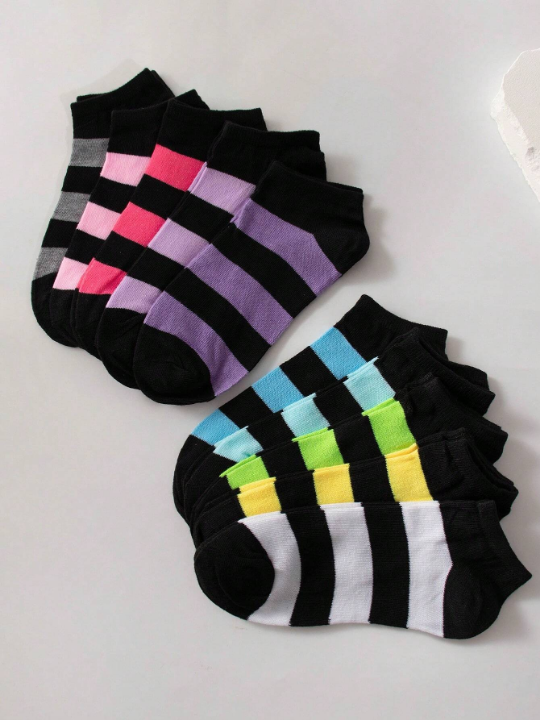 10pairs/Pack Women's Short Socks Candy Color Thick Stripe Casual Soft And Comfortable Ankle Socks Suitable For Daily Life Random Color