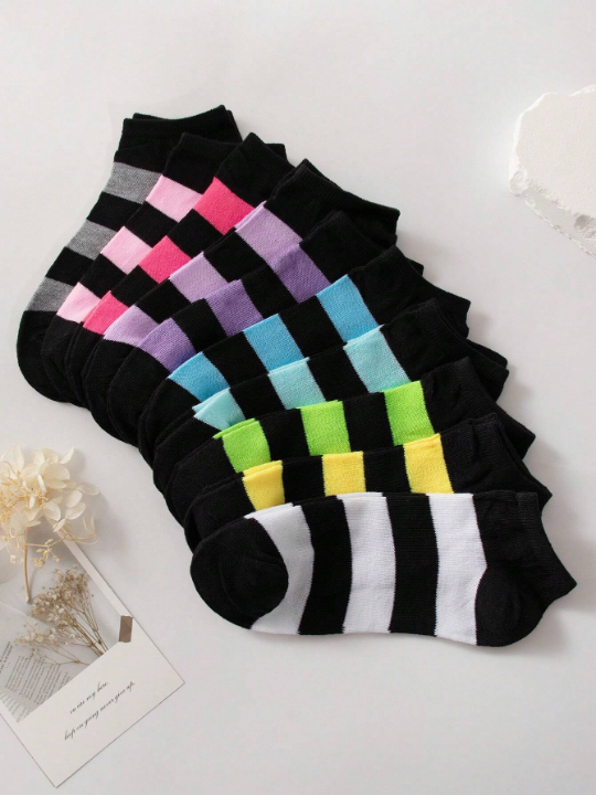 10pairs/Pack Women's Short Socks Candy Color Thick Stripe Casual Soft And Comfortable Ankle Socks Suitable For Daily Life Random Color