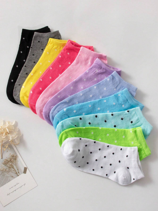 10 Pairs/Pack Women's Candy Color Polka Dot Soft & Comfortable Casual Ankle Socks, Suitable For Daily Life (Random Colors)
