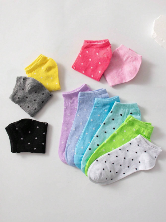 10 Pairs/Pack Women's Candy Color Polka Dot Soft & Comfortable Casual Ankle Socks, Suitable For Daily Life (Random Colors)