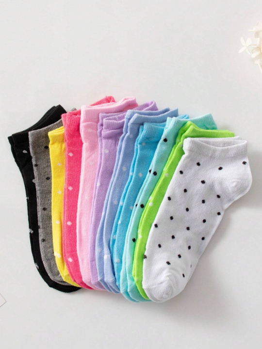 10 Pairs/Pack Women's Candy Color Polka Dot Soft & Comfortable Casual Ankle Socks, Suitable For Daily Life (Random Colors)