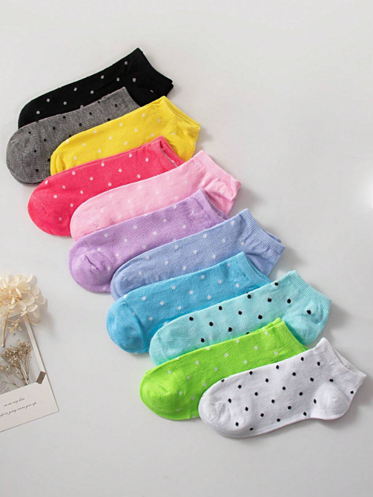 10 Pairs/Pack Women's Candy Color Polka Dot Soft & Comfortable Casual Ankle Socks, Suitable For Daily Life (Random Colors)