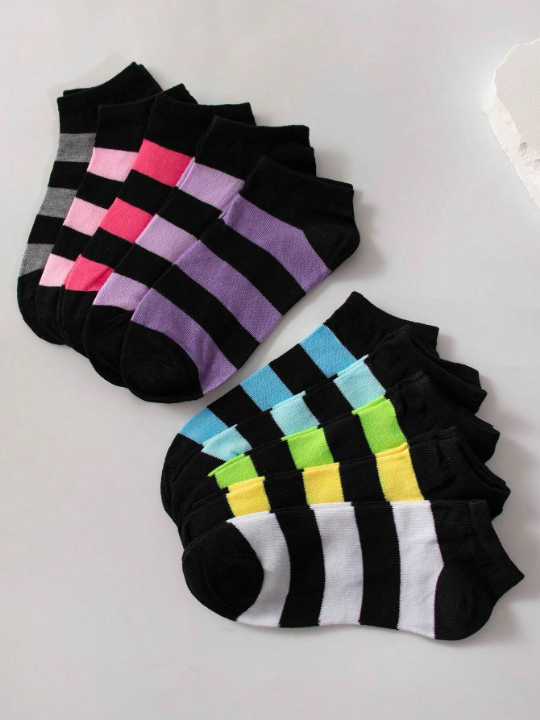 10pairs Women's Candy-Colored Short Socks With Bowknot, Heart & Stripe Pattern, Soft & Comfortable, Suitable For Daily Wear, Random Color