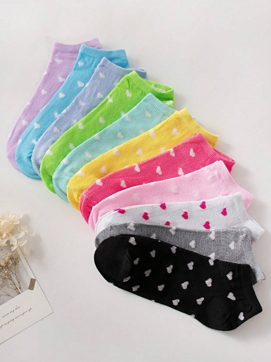 10pairs Women's Candy-Colored Short Socks With Bowknot, Heart & Stripe Pattern, Soft & Comfortable, Suitable For Daily Wear, Random Color