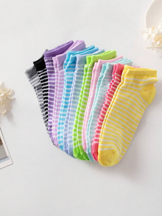 10pairs Women's Candy-Colored Short Socks With Bowknot, Heart & Stripe Pattern, Soft & Comfortable, Suitable For Daily Wear, Random Color