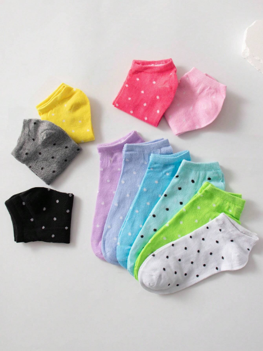 10pairs Women's Candy-Colored Short Socks With Bowknot, Heart & Stripe Pattern, Soft & Comfortable, Suitable For Daily Wear, Random Color