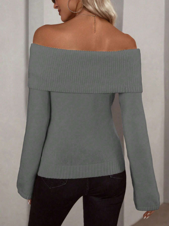 Frenchy Collared Off Shoulder Solid-Colored Pullover Sweater