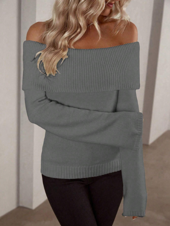 Frenchy Collared Off Shoulder Solid-Colored Pullover Sweater