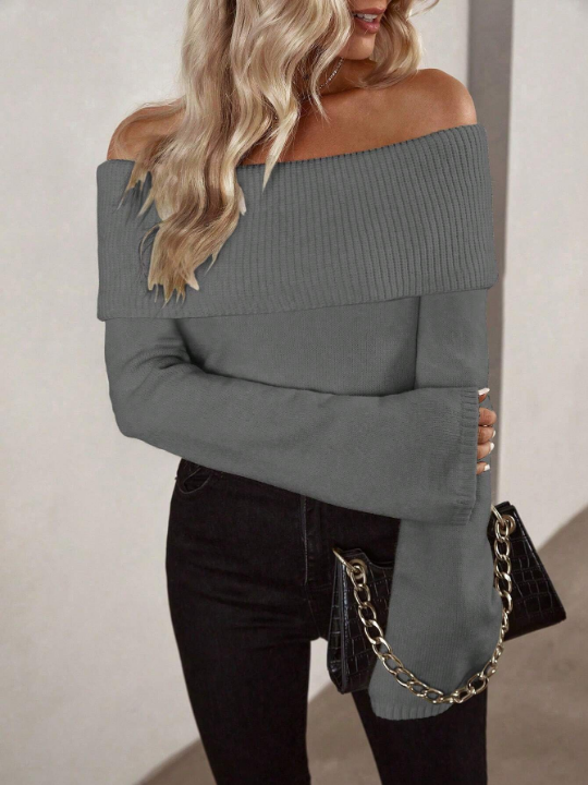 Frenchy Collared Off Shoulder Solid-Colored Pullover Sweater