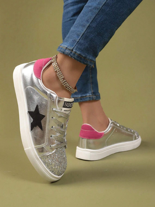 Women's Retro Star Design Flat Shoes, Spring Autumn New Arrival, Fashionable & Versatile Silver Casual Sports Shoes