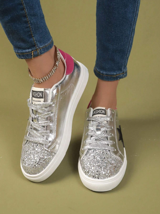 Women's Retro Star Design Flat Shoes, Spring Autumn New Arrival, Fashionable & Versatile Silver Casual Sports Shoes