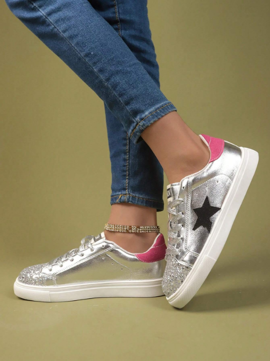 Women's Retro Star Design Flat Shoes, Spring Autumn New Arrival, Fashionable & Versatile Silver Casual Sports Shoes