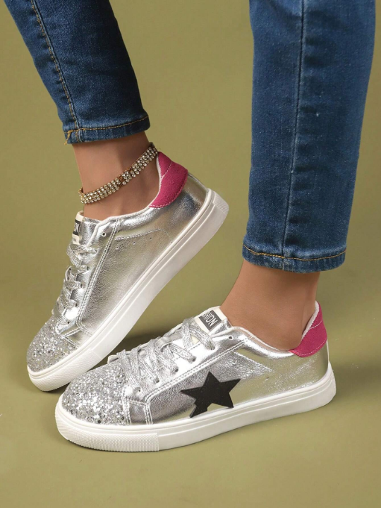 Women's Retro Star Design Flat Shoes, Spring Autumn New Arrival, Fashionable & Versatile Silver Casual Sports Shoes