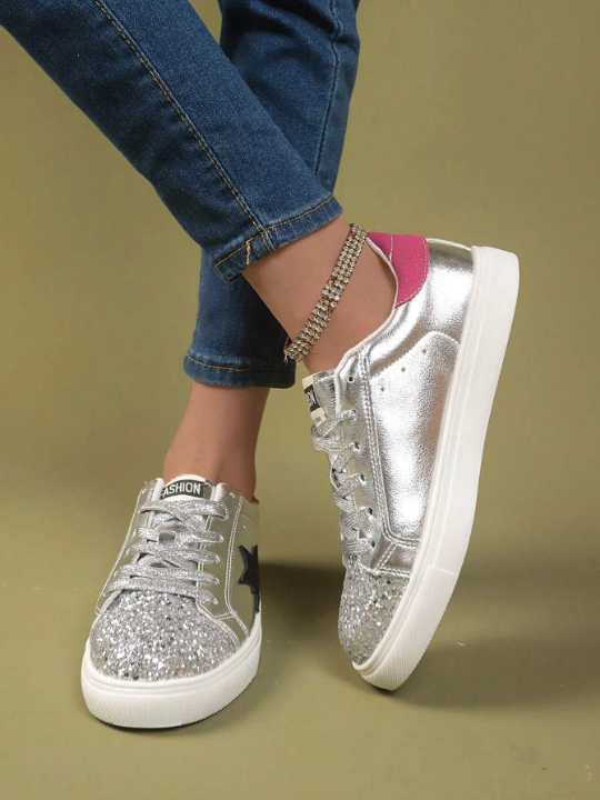 Women's Retro Star Design Flat Shoes, Spring Autumn New Arrival, Fashionable & Versatile Silver Casual Sports Shoes