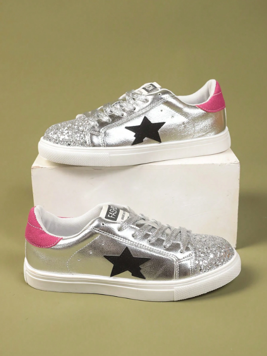 Women's Retro Star Design Flat Shoes, Spring Autumn New Arrival, Fashionable & Versatile Silver Casual Sports Shoes