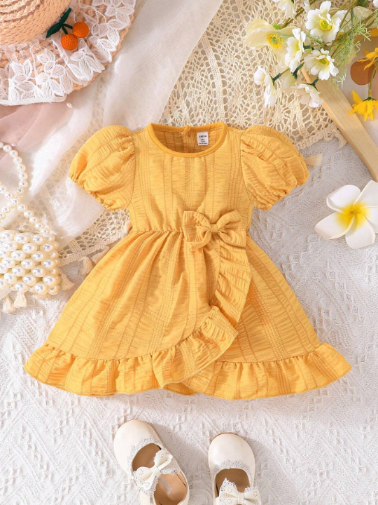 Baby Girls' Short Puff Sleeve Dress With Bow Decoration And Round Neckline