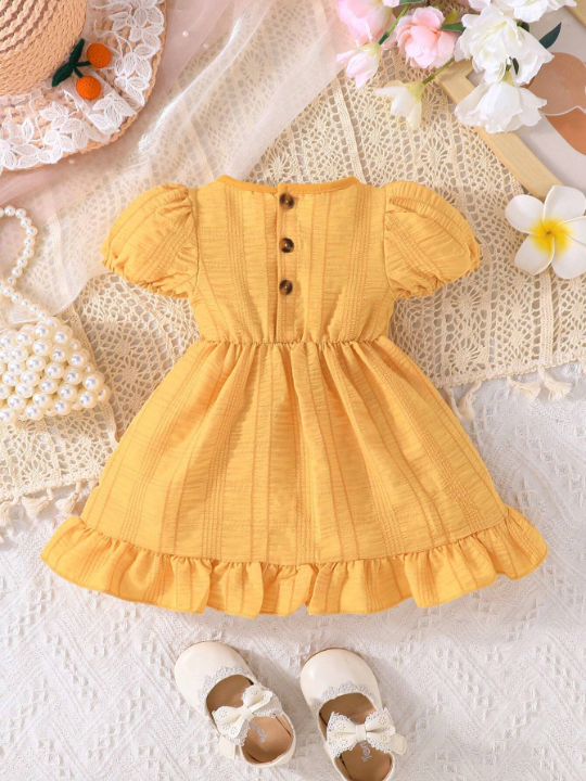 Baby Girls' Short Puff Sleeve Dress With Bow Decoration And Round Neckline