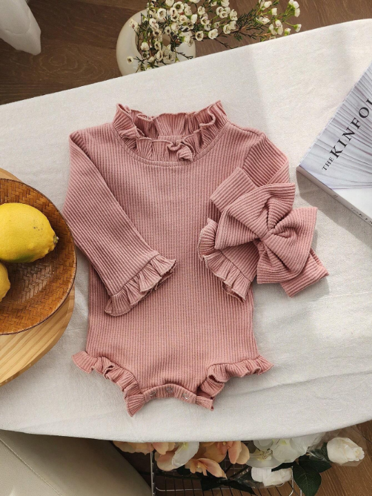 Spring Autumn Toddler Baby Girl Romper Cotton Ribbed Flared Sleeve Jumpsuit + Bow Headband Sweet Infant Outfits Set