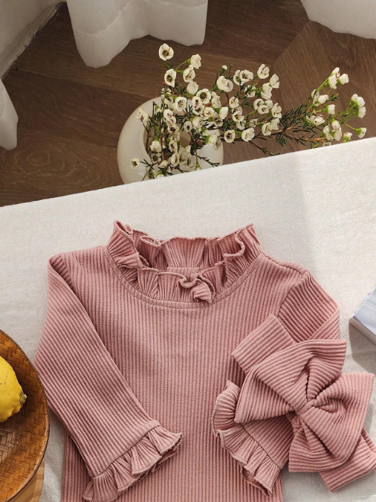 Spring Autumn Toddler Baby Girl Romper Cotton Ribbed Flared Sleeve Jumpsuit + Bow Headband Sweet Infant Outfits Set